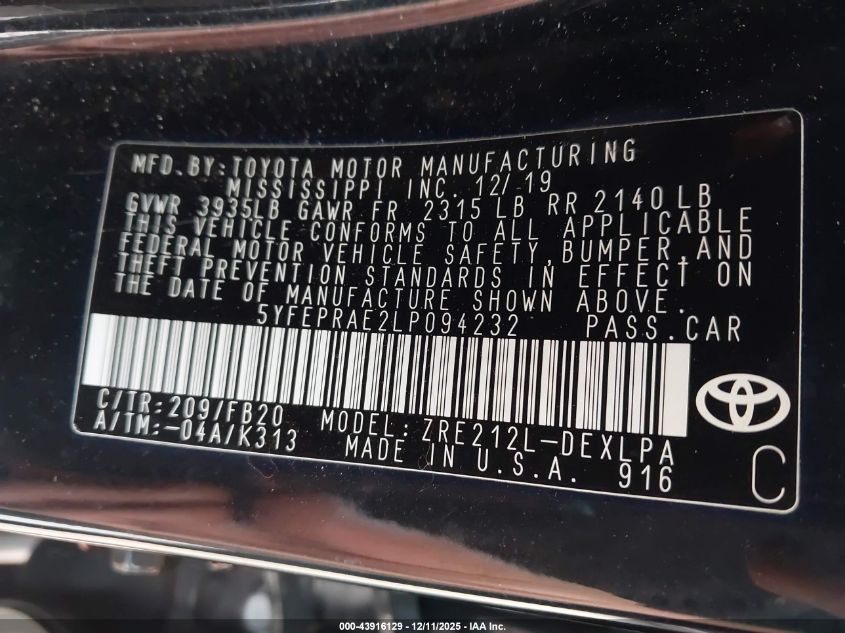 2020 Toyota Corolla Le VIN: 5YFEPRAE2LP094232 Lot: 43916129