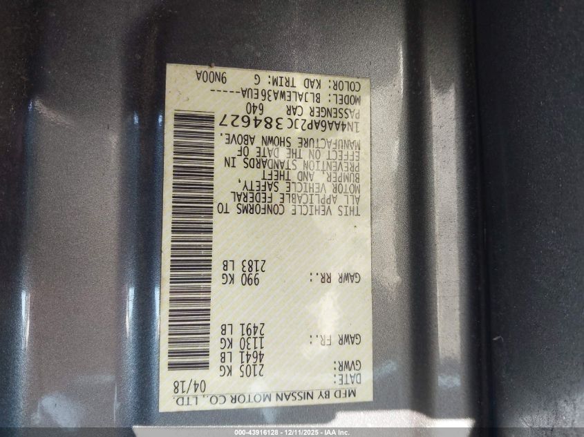 2018 Nissan Maxima 3.5 Sl VIN: 1N4AA6AP2JC384627 Lot: 43916128