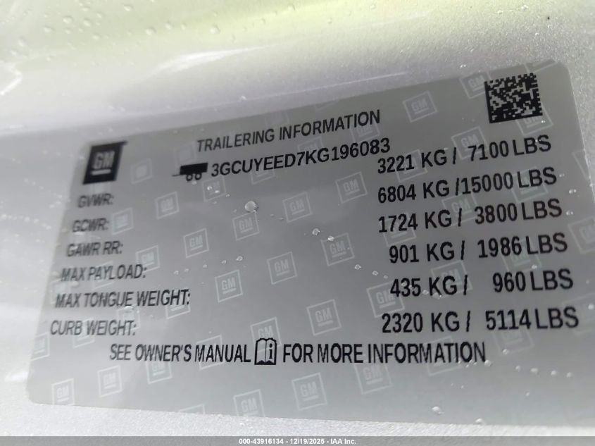 2019 Chevrolet Silverado 1500 Rst VIN: 3GCUYEED7KG196083 Lot: 43916134