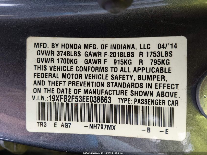 2014 Honda Civic Lx VIN: 19XFB2F53EE038663 Lot: 43916144