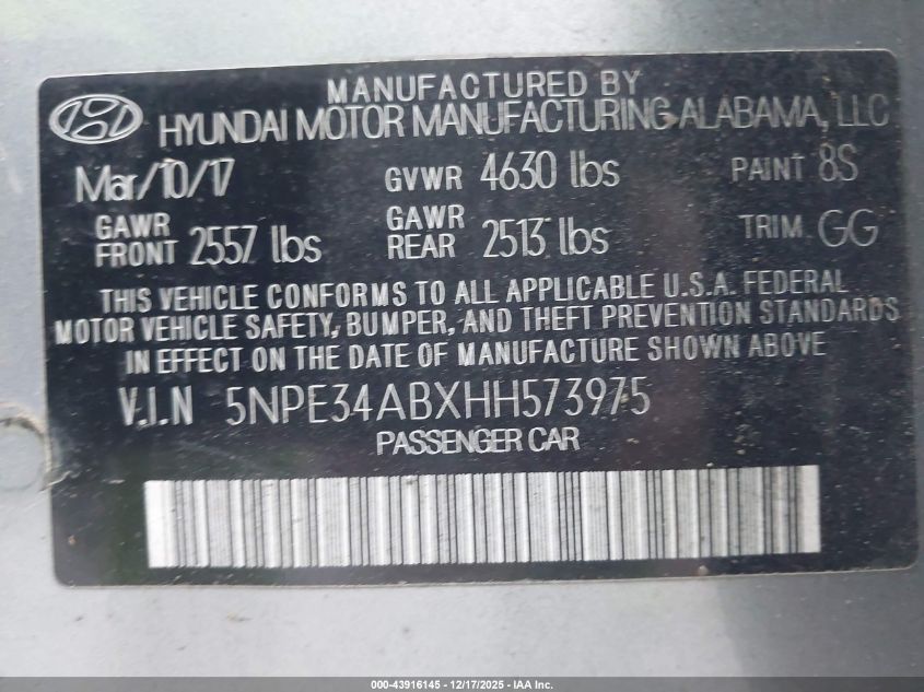 2017 Hyundai Sonata Sport 2.0T VIN: 5NPE34ABXHH573975 Lot: 43916145