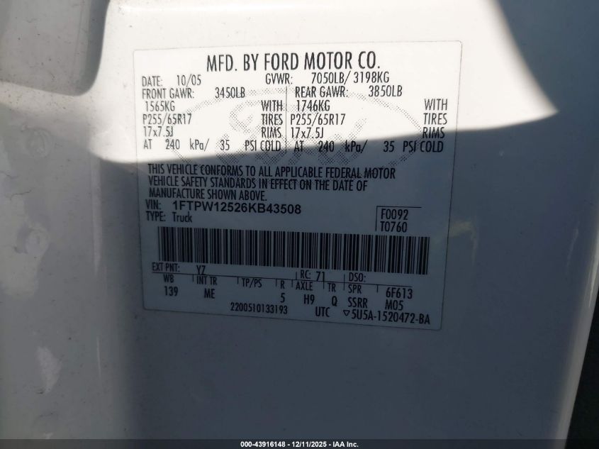 2006 Ford F-150 Lariat/Xlt VIN: 1FTPW12526KB43508 Lot: 43916148