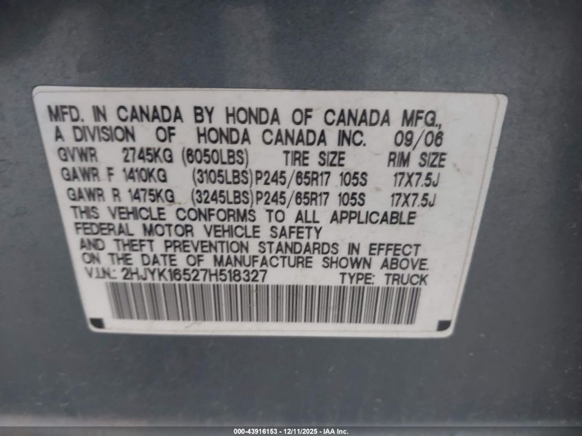 2007 Honda Ridgeline Rtl VIN: 2HJYK16527H518327 Lot: 43916153