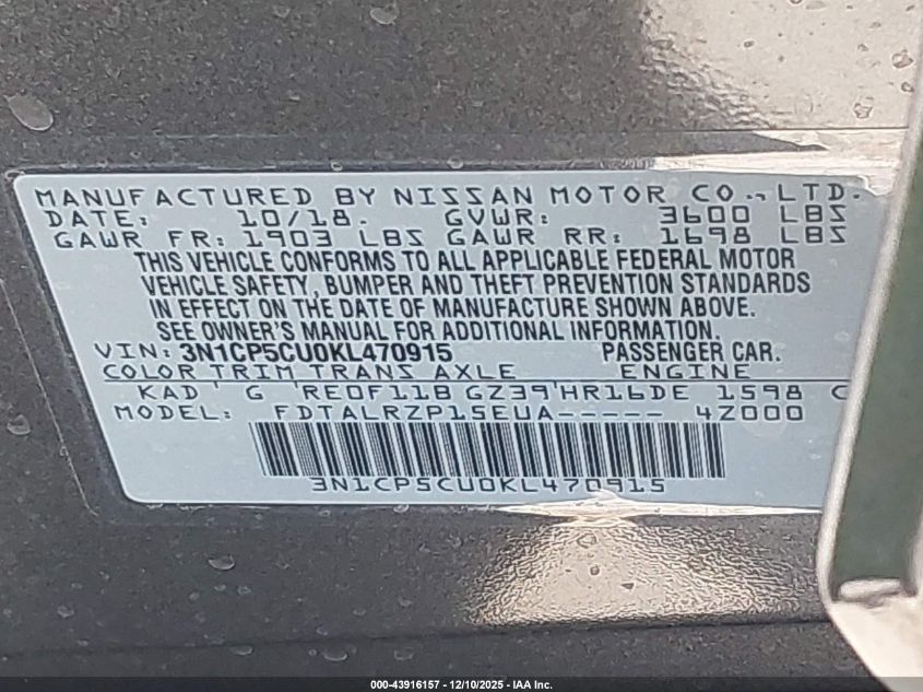 2019 Nissan Kicks S VIN: 3N1CP5CU0KL470915 Lot: 43916157