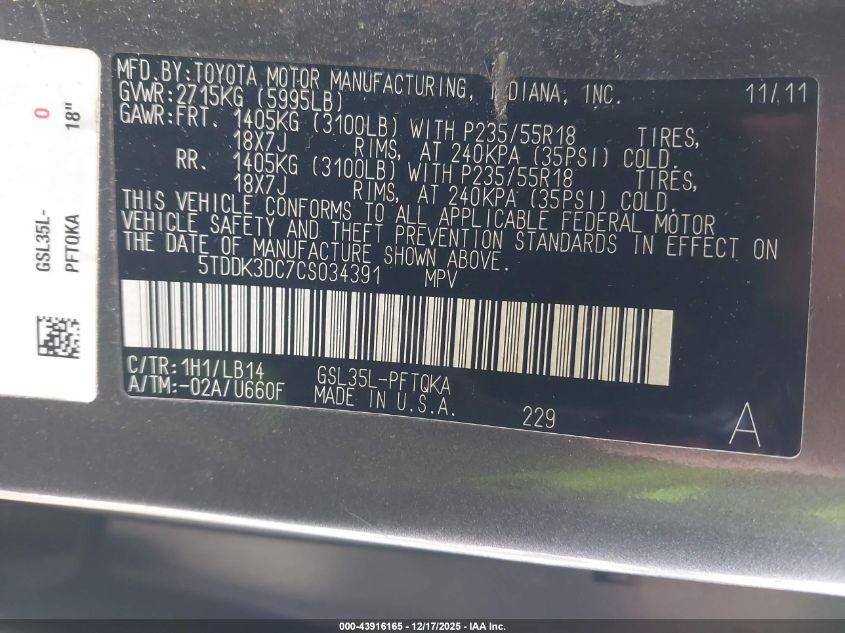 2012 Toyota Sienna Xle 7 Passenger VIN: 5TDDK3DC7CS034391 Lot: 43916165