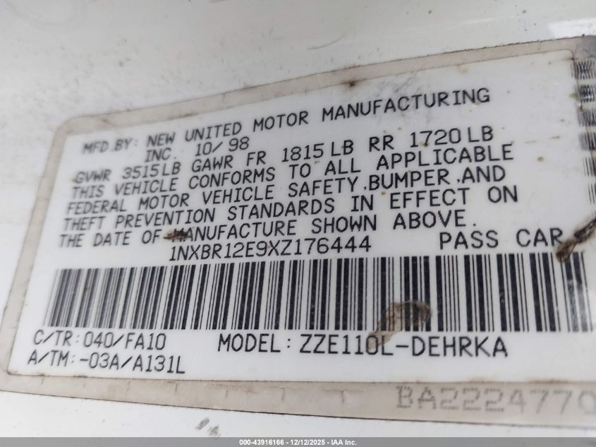 1999 Toyota Corolla Ve VIN: 1NXBR12E9XZ176444 Lot: 43916166