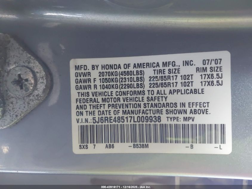 2007 Honda Cr-V Ex VIN: 5J6RE48517L009938 Lot: 43916171