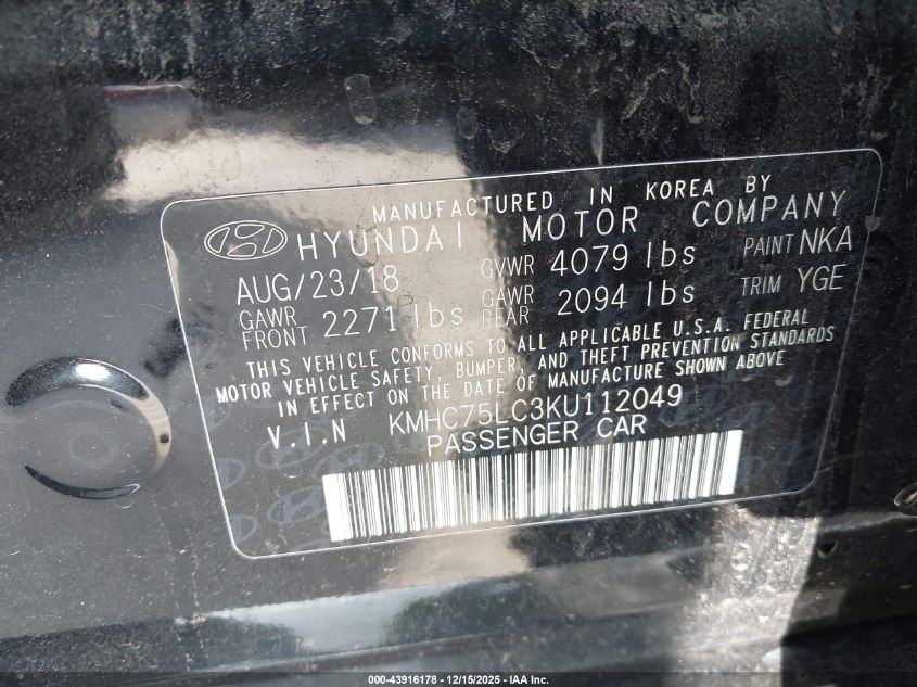 2019 Hyundai Ioniq Hybrid Sel VIN: KMHC75LC3KU112049 Lot: 43916178