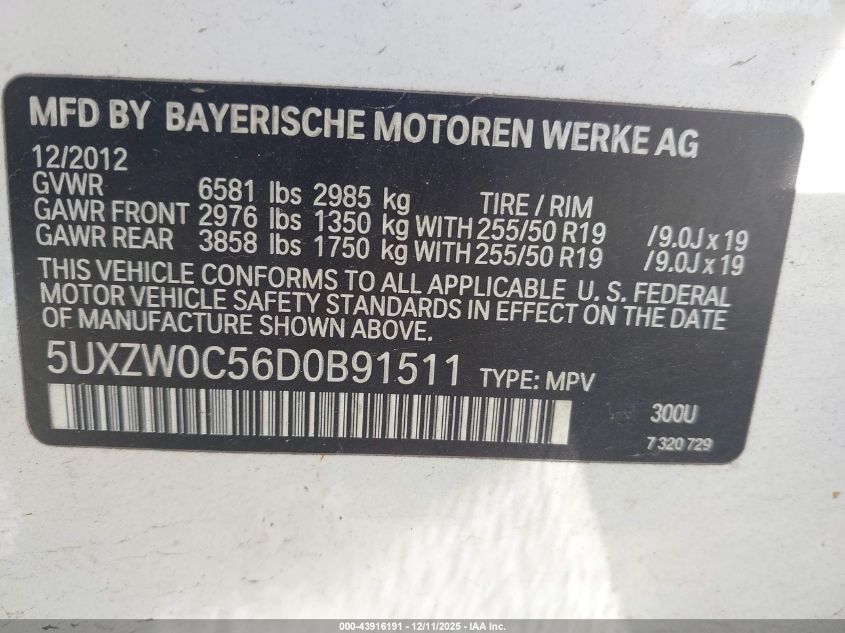 2013 BMW X5 xDrive35D VIN: 5UXZW0C56D0B91511 Lot: 43916191