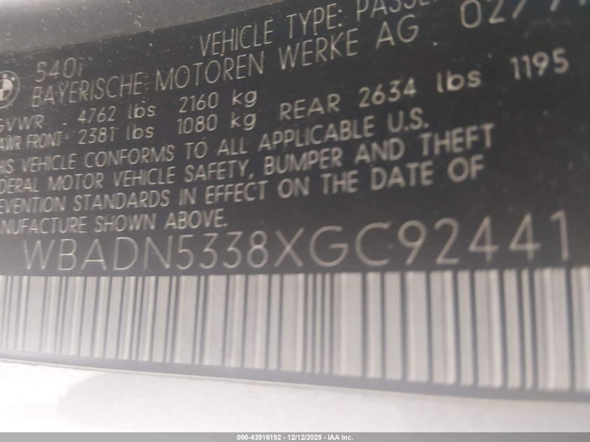 1999 BMW 540I VIN: WBADN5338XGC92441 Lot: 43916192