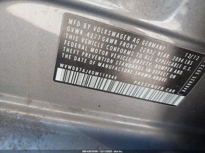 2013 Volkswagen Golf 2.5L 4-Door VIN: WVWDB7AJ8DW119946 Lot: 43916195