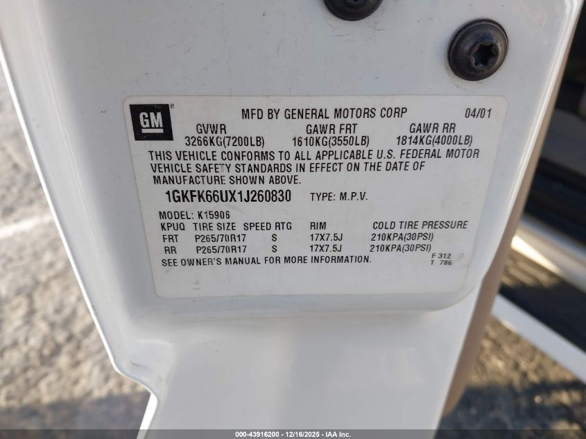 2001 GMC Yukon Xl 1500 Denali VIN: 1GKFK66UX1J260830 Lot: 43916200