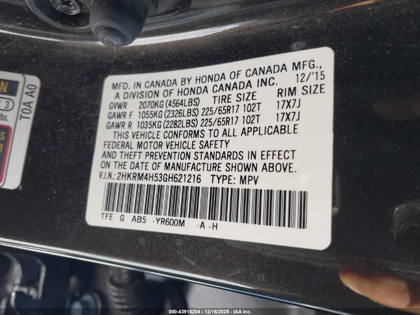 2016 Honda Cr-V Ex VIN: 2HKRM4H53GH621216 Lot: 43916204