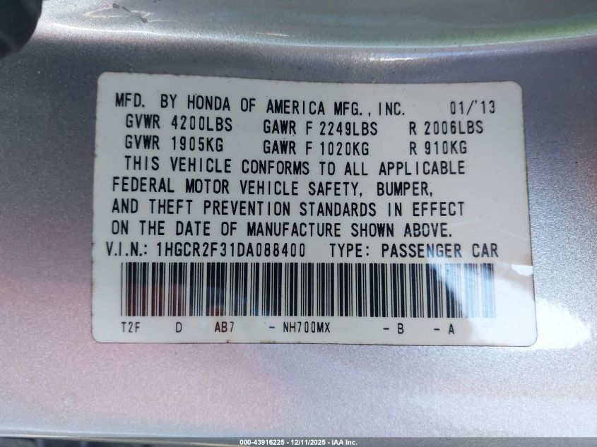 2013 Honda Accord Lx VIN: 1HGCR2F31DA088400 Lot: 43916225