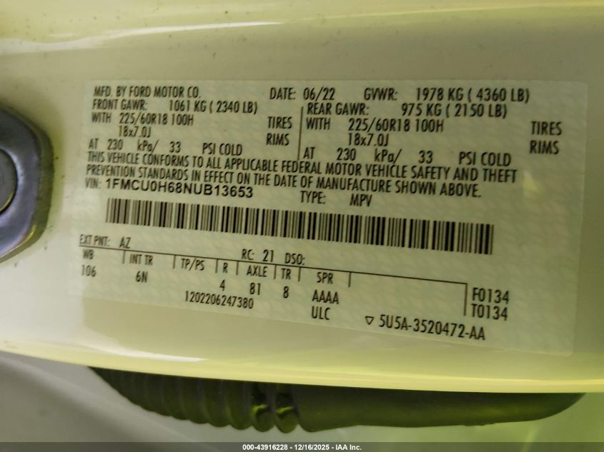 2022 Ford Escape Sel VIN: 1FMCU0H68NUB13653 Lot: 43916228