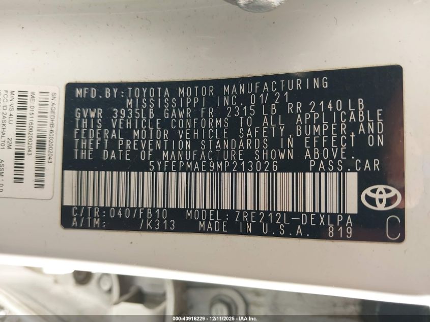 2021 Toyota Corolla Le VIN: 5YFEPMAE9MP213026 Lot: 43916229