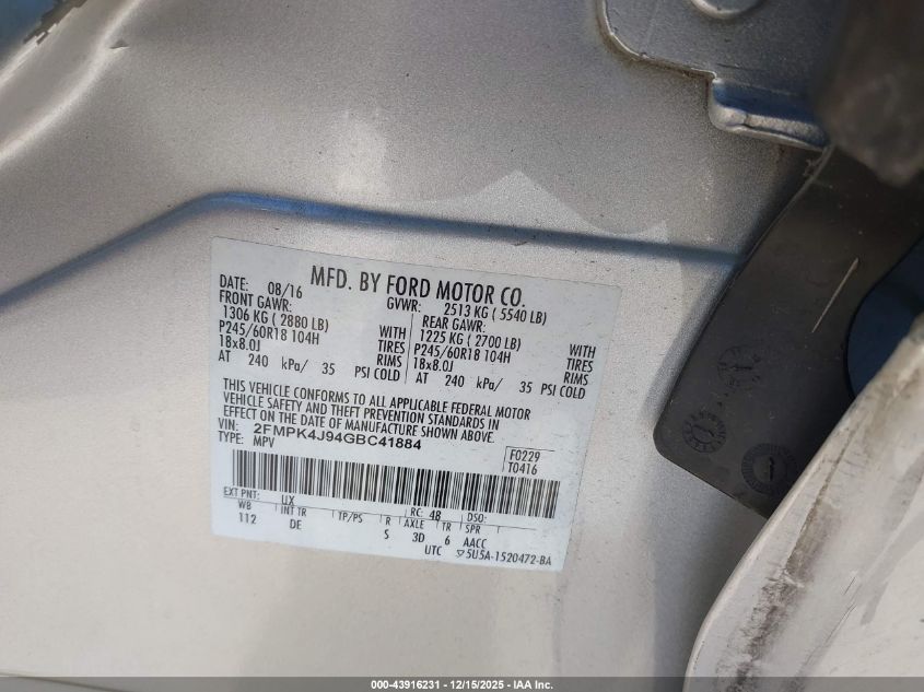 2016 Ford Edge Sel VIN: 2FMPK4J94GBC41884 Lot: 43916231