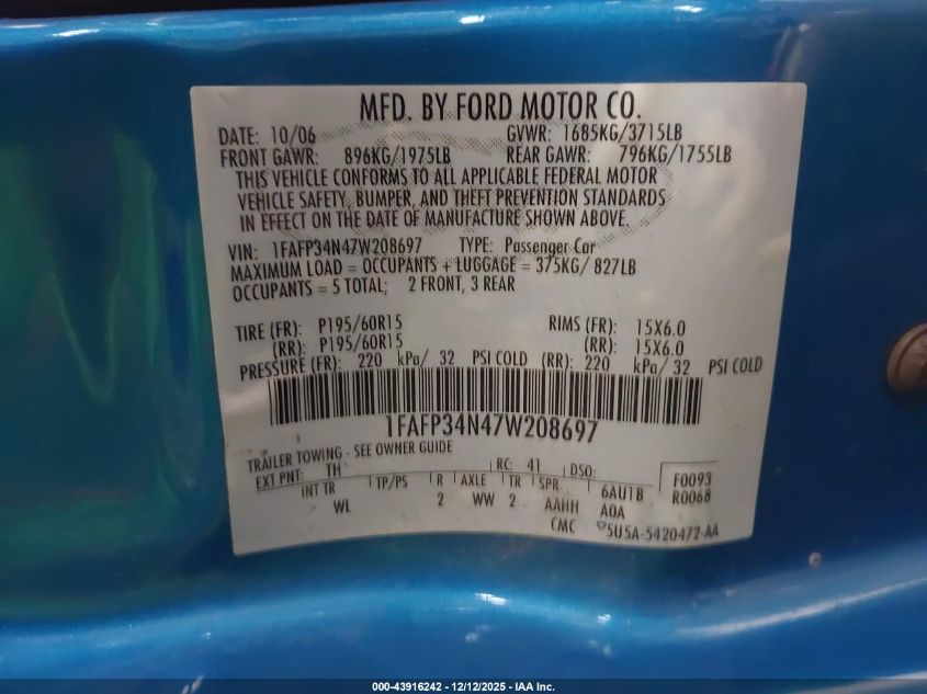 2007 Ford Focus S/Se/Ses VIN: 1FAFP34N47W208697 Lot: 43916242