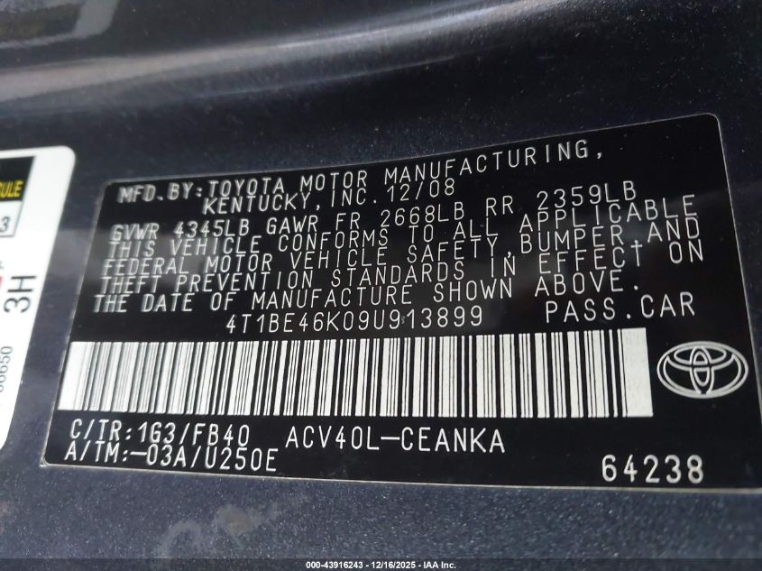 2009 Toyota Camry Le VIN: 4T1BE46K09U913899 Lot: 43916243