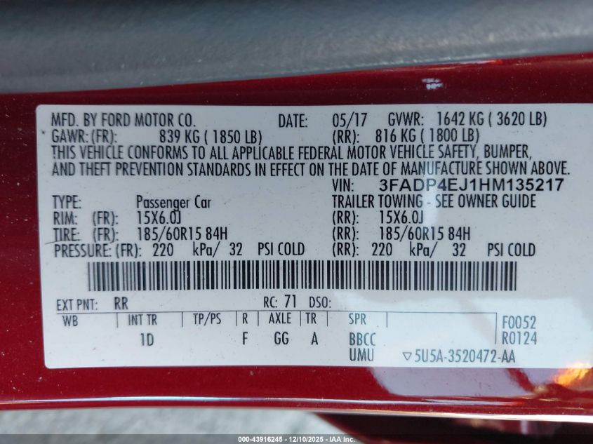 2017 Ford Fiesta Se VIN: 3FADP4EJ1HM135217 Lot: 43916245