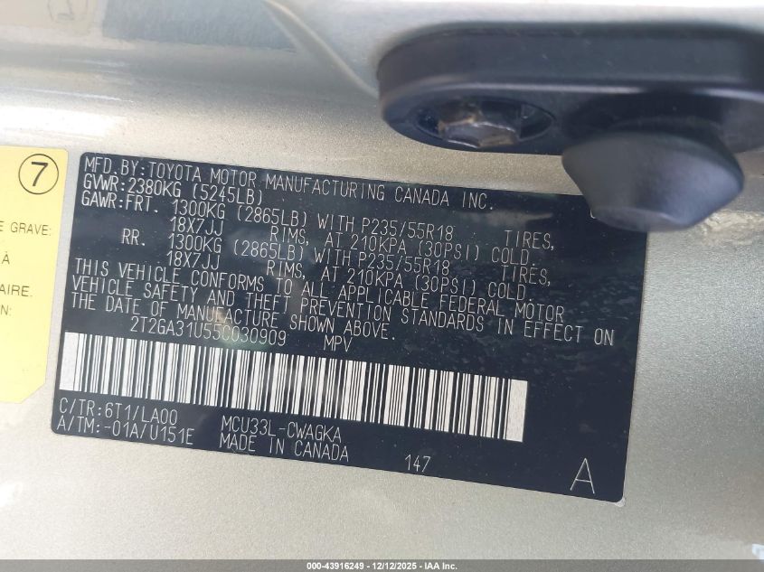 2005 Lexus Rx 330 VIN: 2T2GA31U55C030909 Lot: 43916249