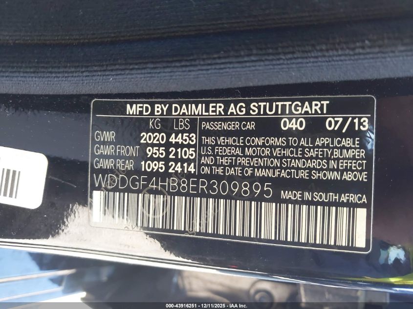 2014 Mercedes-Benz C 250 Sport VIN: WDDGF4HB8ER309895 Lot: 43916251