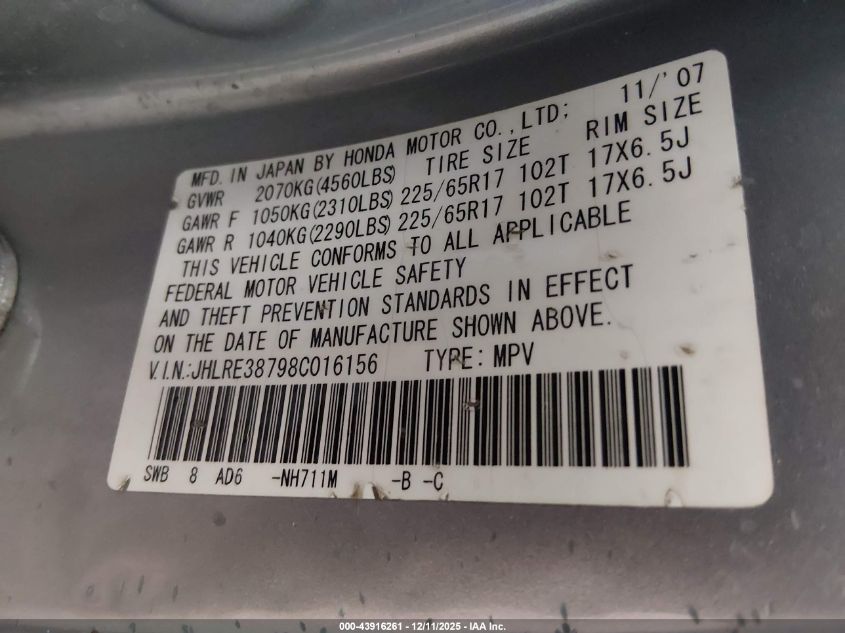 2008 Honda Cr-V Ex-L VIN: JHLRE38798C016156 Lot: 43916261