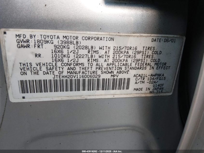 2001 Toyota Rav4 VIN: JTEHH20V116006029 Lot: 43916262