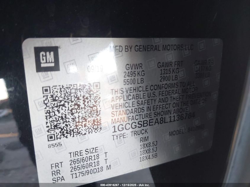 2020 Chevrolet Colorado 2Wd Short Box Wt VIN: 1GCGSBEA8L1136784 Lot: 43916267