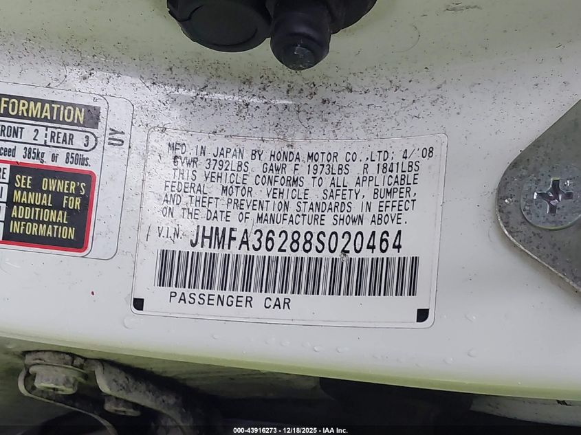 2008 Honda Civic Hybrid VIN: JHMFA36288S020464 Lot: 43916273