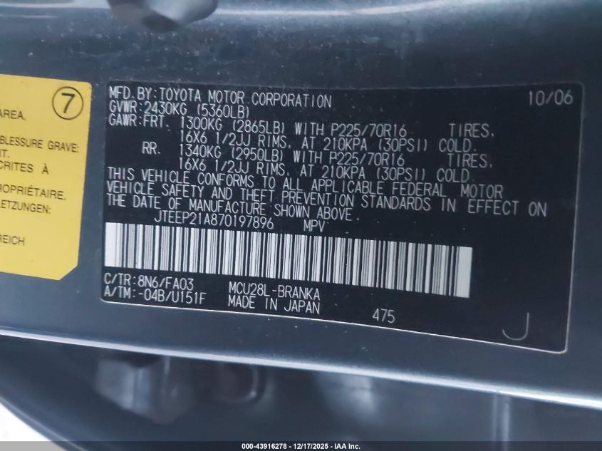 2007 Toyota Highlander V6 VIN: JTEEP21A870197896 Lot: 43916278