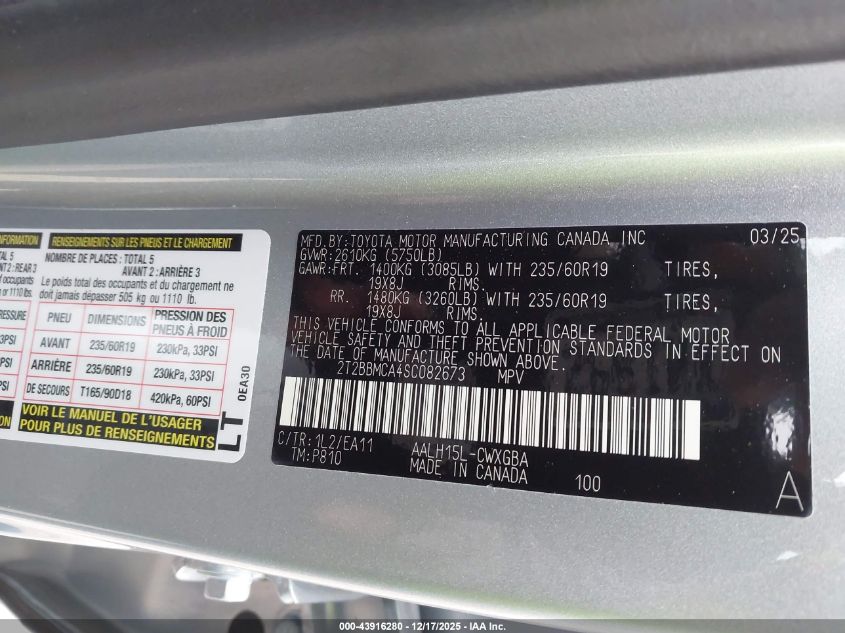 2025 Lexus Rx 350H Premium VIN: 2T2BBMCA4SC082673 Lot: 43916280