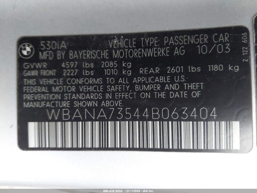 2004 BMW 530I VIN: WBANA73544B063404 Lot: 43916284