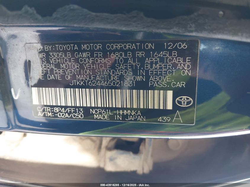 2006 Scion Xa VIN: JTKKT624465021831 Lot: 43916285