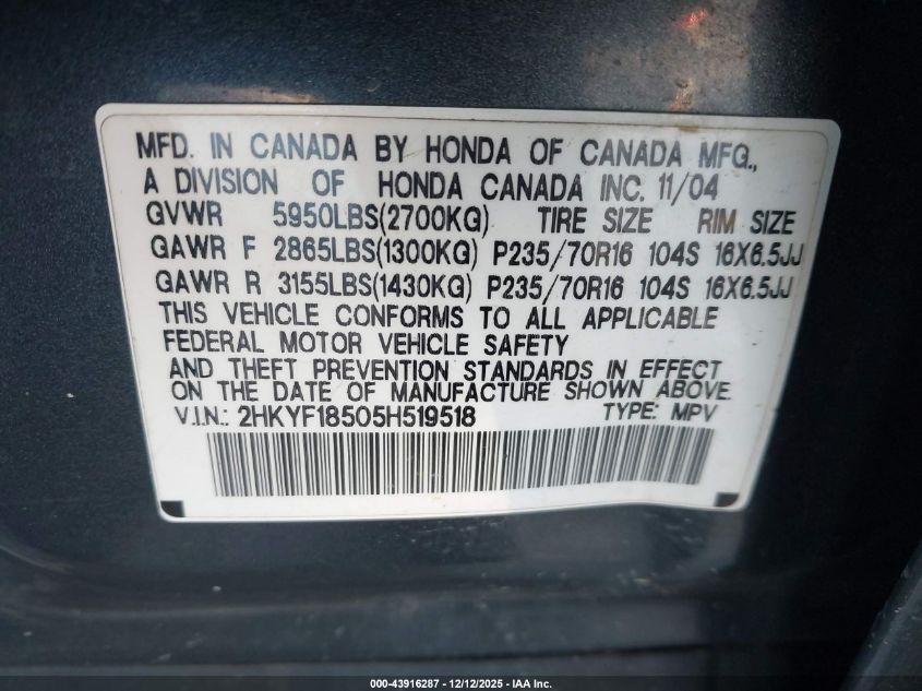 2005 Honda Pilot Ex-L VIN: 2HKYF18505H519518 Lot: 43916287