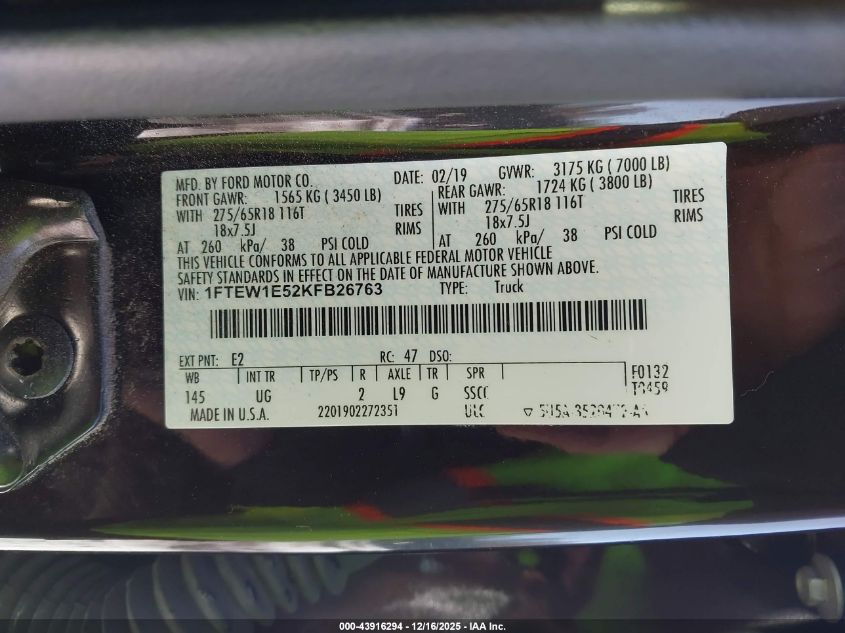 2019 Ford F-150 Xlt VIN: 1FTEW1E52KFB26763 Lot: 43916294