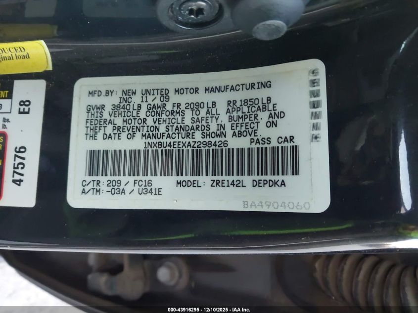 2010 Toyota Corolla Le VIN: 1NXBU4EEXAZ298426 Lot: 43916295