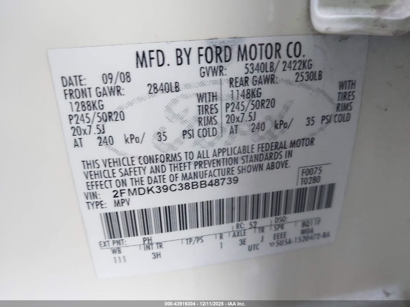 2008 Ford Edge Limited VIN: 2FMDK39C38BB48739 Lot: 43916304