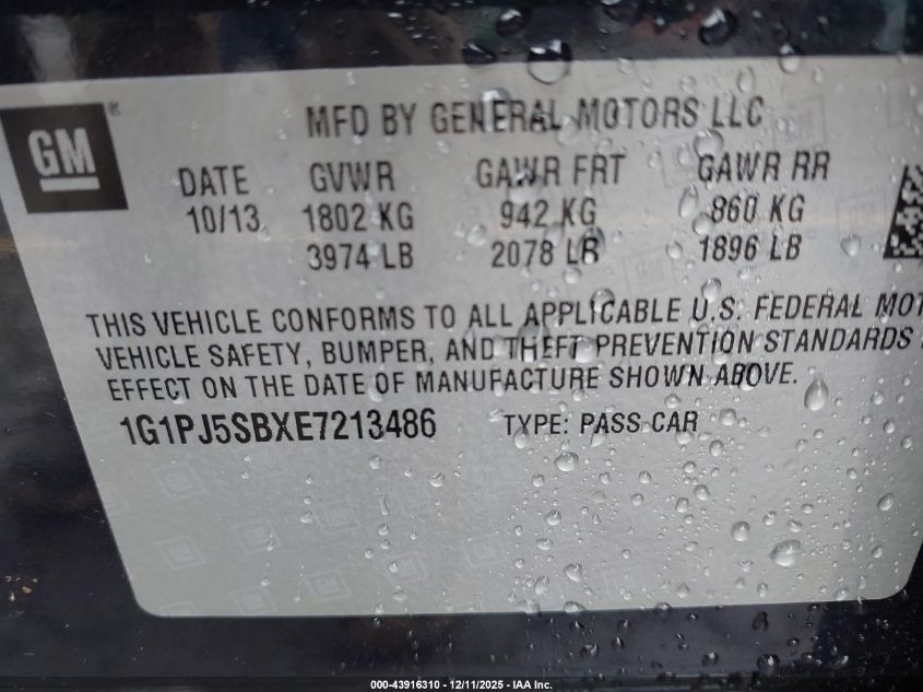 2014 Chevrolet Cruze Eco Manual VIN: 1G1PJ5SBXE7213486 Lot: 43916310