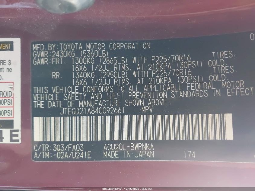 2004 Toyota Highlander VIN: JTEGD21A840092661 Lot: 43916312