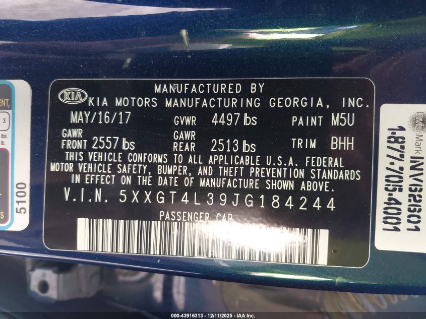 2018 Kia Optima Lx VIN: 5XXGT4L39JG184244 Lot: 43916313