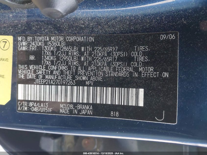 2007 Toyota Highlander Limited V6 VIN: JTEEP21A270197263 Lot: 43916314