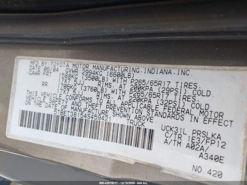 2004 Toyota Tundra Ltd VIN: 5TBET38154S459421 Lot: 43916317