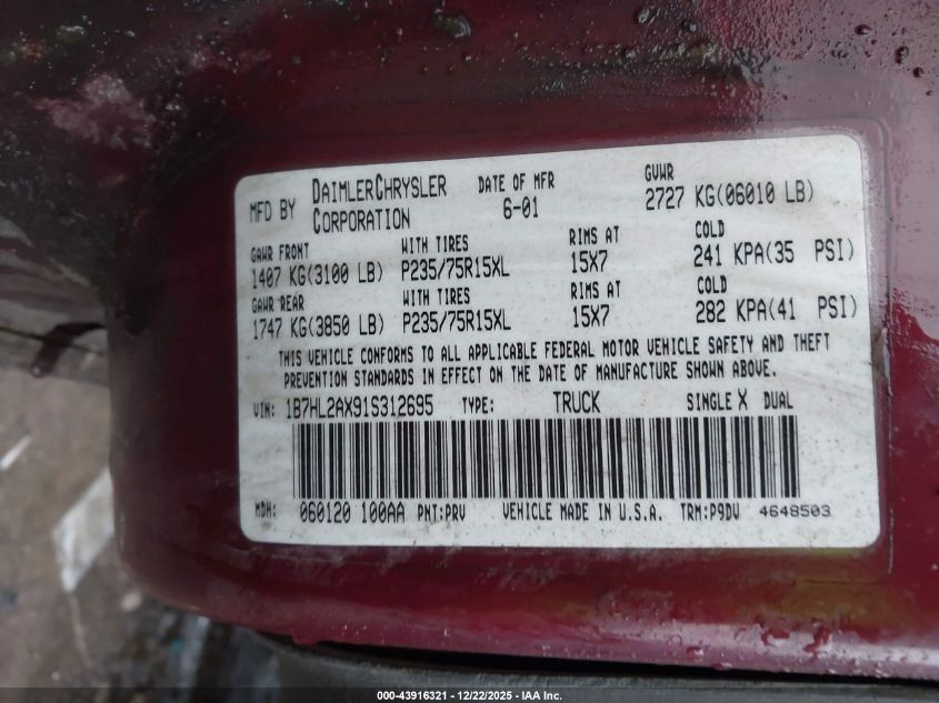 2001 Dodge Dakota Slt/Sport VIN: 1B7HL2AX91S312695 Lot: 43916321