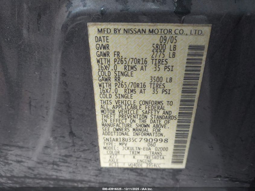 2005 Nissan Pathfinder Se VIN: 5N1AR18U35C790998 Lot: 43916325