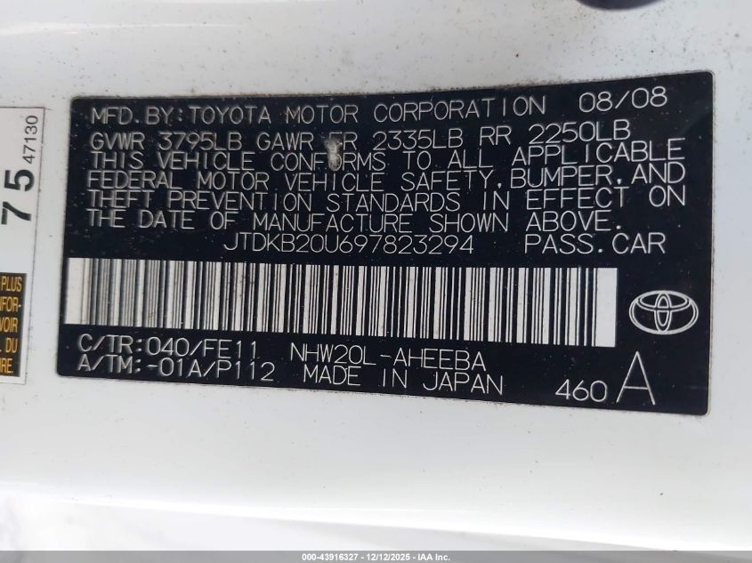 2009 Toyota Prius VIN: JTDKB20U697823294 Lot: 43916327