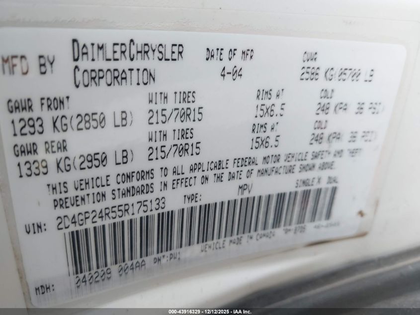2005 Dodge Grand Caravan Se VIN: 2D4GP24R55R175133 Lot: 43916329