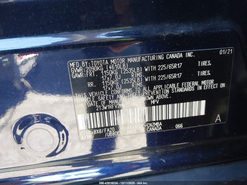 2021 Toyota Rav4 Xle VIN: 2T3W1RFV2MW128823 Lot: 43916334