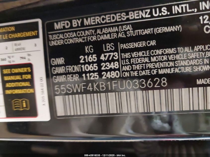 2015 Mercedes-Benz C 300 Luxury 4Matic VIN: 55SWF4KB1FU033628 Lot: 43916335