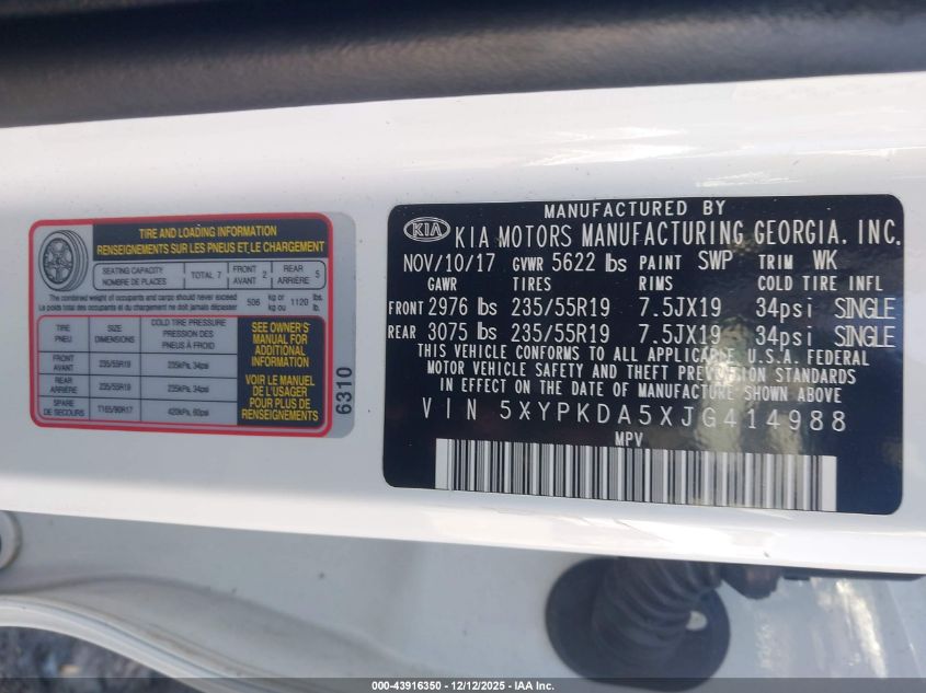2018 Kia Sorento 3.3L Sx VIN: 5XYPKDA5XJG414988 Lot: 43916350